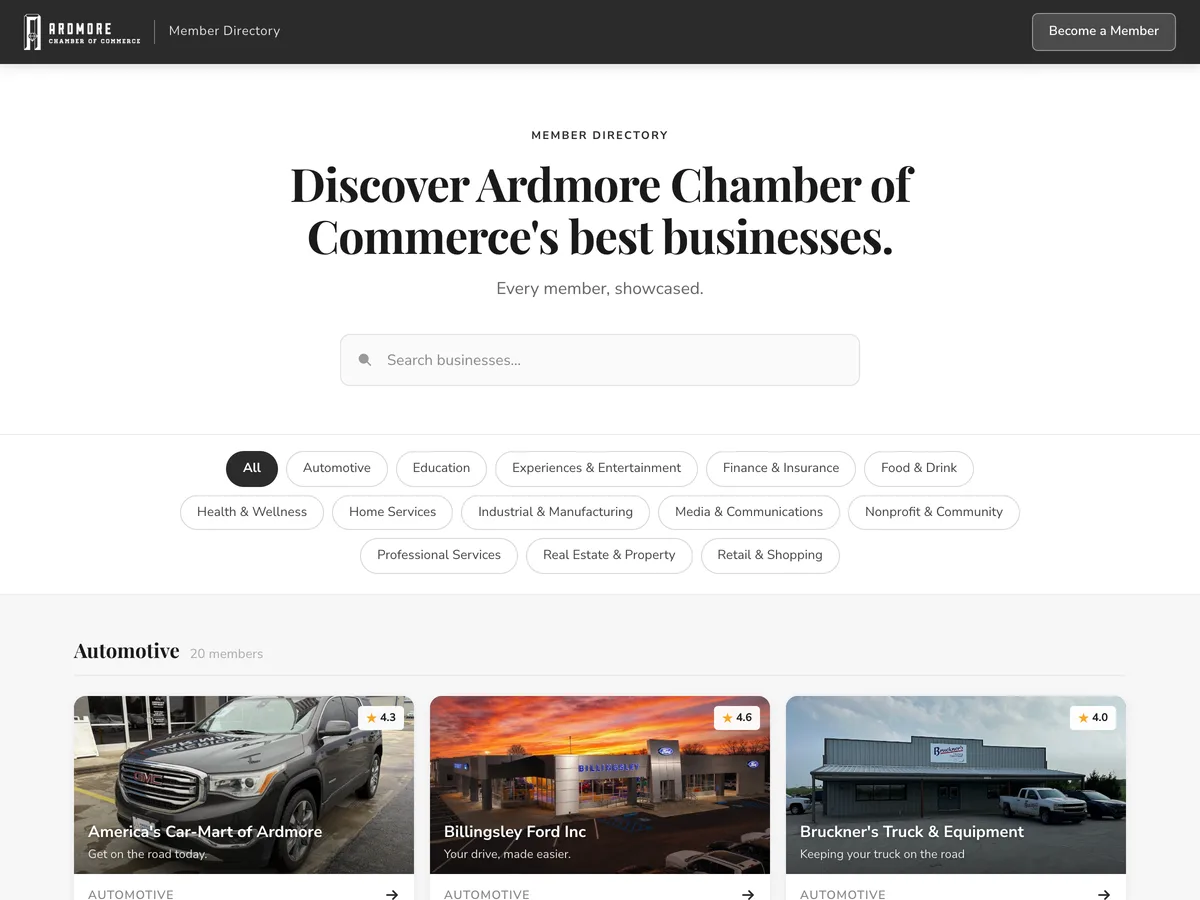 The live Ardmore Chamber of Commerce member directory